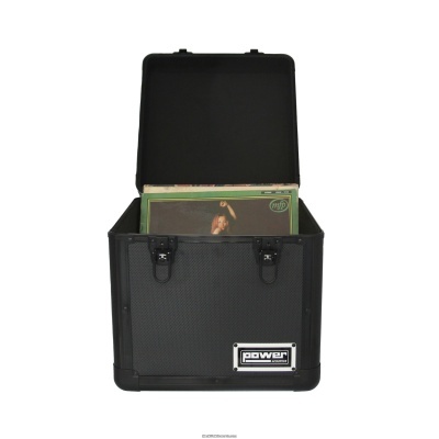 Caixa preta de armazenamento aberta com discos de vinil dentro