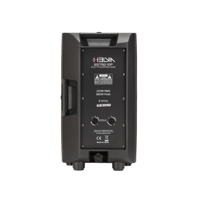 Coluna de som preta com painel traseiro e conectores