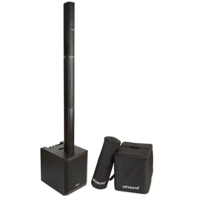 Coluna de som portátil preta com base quadrada e coluna longa, acompanhada por duas capas pretas com fechos.