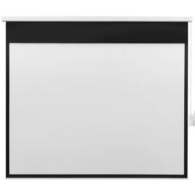 Tela de projeção branca com bordas pretas e mecanismo de enrolar com cordão