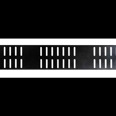 Placa metálica preta com fendas verticais e furos nas extremidades