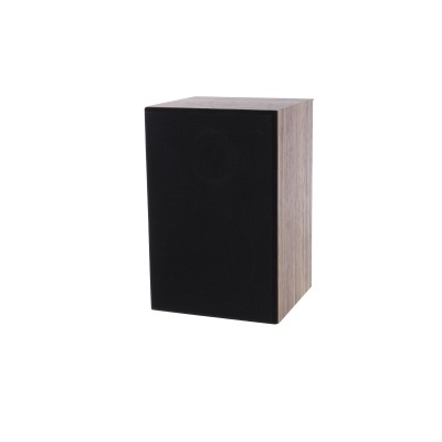 Coluna de áudio retangular com revestimento em madeira clara e grelha preta