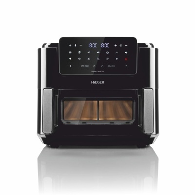 Frontal do forno elétrico preto e prateado HÆGER com visor digital e janelas de vidro.