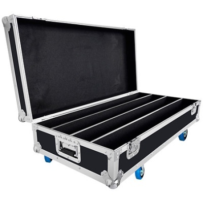 Maleta preta com rodas azuis e compartimentos internos