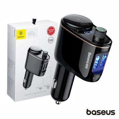 Carregador de automóvel Baseus preto com visor digital e botão giratório, com embalagem branca ao fundo