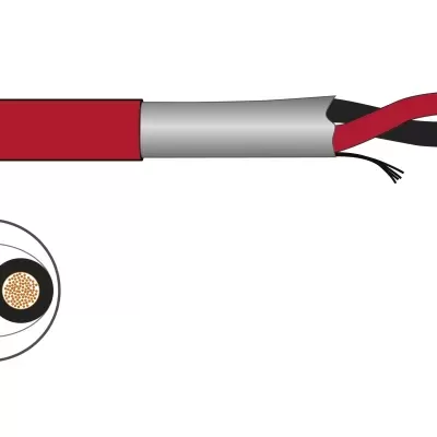 Cabo elétrico vermelho com dois condutores e fios de cobre expostos