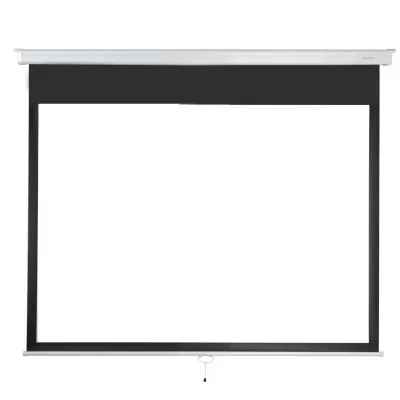 Ecrã de projeção branco com moldura preta e estrutura metálica superior