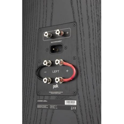 Parte traseira de coluna acústica preta com ligações e etiquetas visíveis