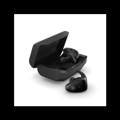 Auriculares sem fios pretos com estojo de carregamento aberto