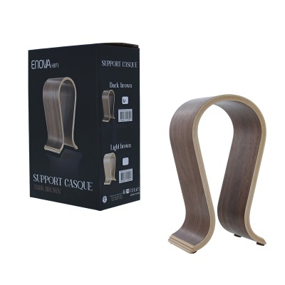 Suporte de madeira para auscultadores castanho escuro e embalagem preta ENOVA Hi-Fi