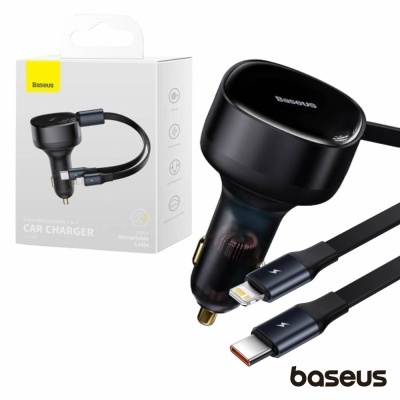 Carregador de carro Baseus preto com cabo USB-C para Lightning e embalagem