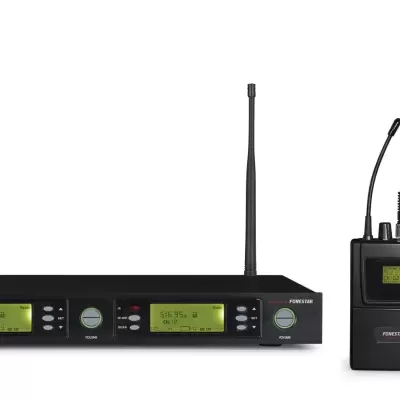 Sistema de microfone sem fios preto com receptor e microfone de mão