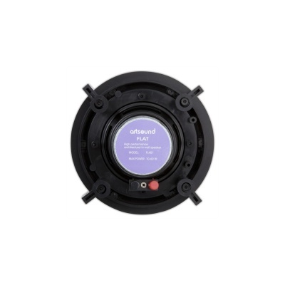 Coluna redonda preta com etiqueta roxa e texto branco artsound FLAT