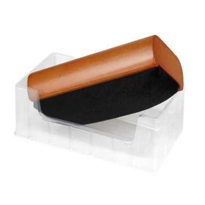 Suporte de pulso castanho em couro com base preta em suporte transparente