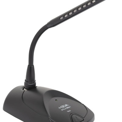 Microfone de mesa preto com haste flexível e base robusta