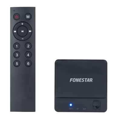 telecomando preto e dispositivo FONESTAR preto com LED azul