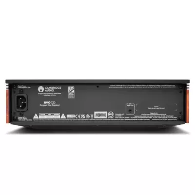 Parte traseira do leitor de CD preto Cambridge Audio evoCD com entradas e texto técnico.