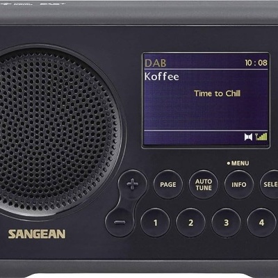 Rádio digital portátil Sangean preto com ecrã e botões
