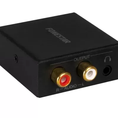 Conversor áudio digital para analógico preto com entradas RCA e jack