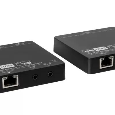 Dois dispositivos eletrónicos negros com portas Ethernet e áudio, texto branco visível