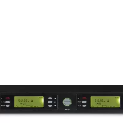 Receptor áudio profissional preto com ecrãs verdes e antenas pretas