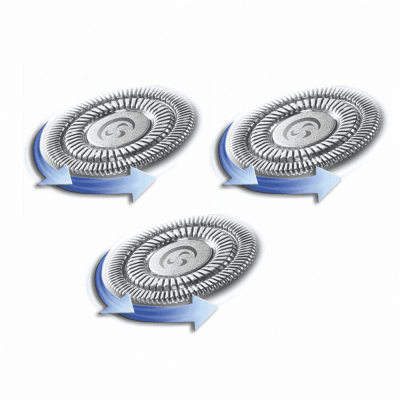Três cabeças de lâmina de máquina de barbear com setas azuis de rotação