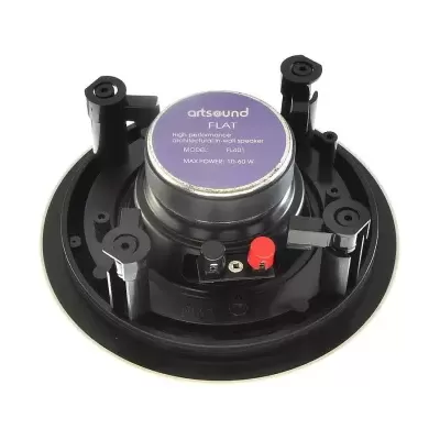 Coluna de som redonda preta modelo artsound FLA1 com etiquetas roxa e branca