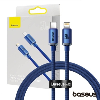 Cabo de carregamento Baseus azul com plugues USB-C e Lightning com embalagem branca