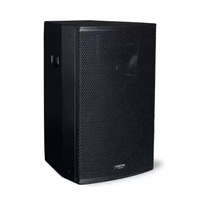 Coluna de som profissional preta com grelha metálica frontal