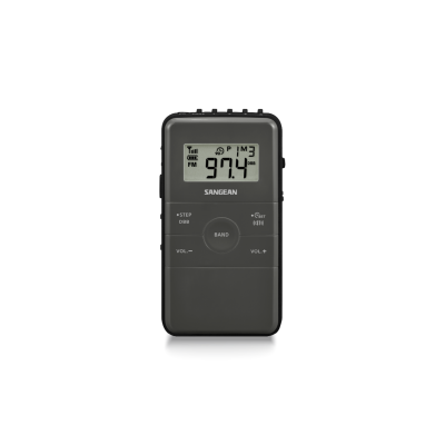 Rádio portátil digital preto com ecrã a mostrar frequência 97.4