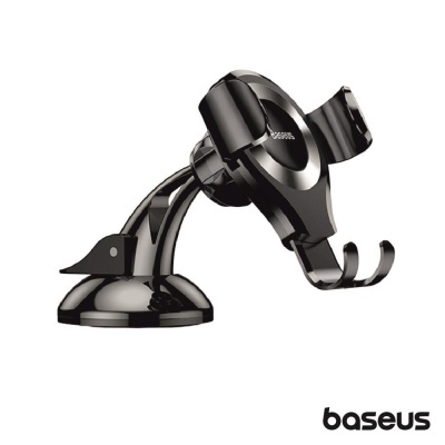 Suporte de smartphone Baseus preto com ventosa e garras ajustáveis em fundo branco