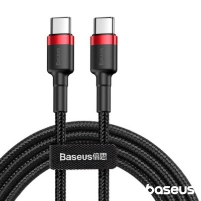 Cabo USB-C trançado preto com conectores vermelhos e pretos, etiqueta Baseus