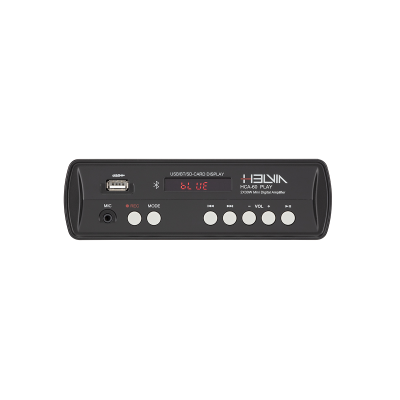 Painel frontal de aparelho de áudio VINET preto com display digital vermelho 'BLUE' e botões brancos