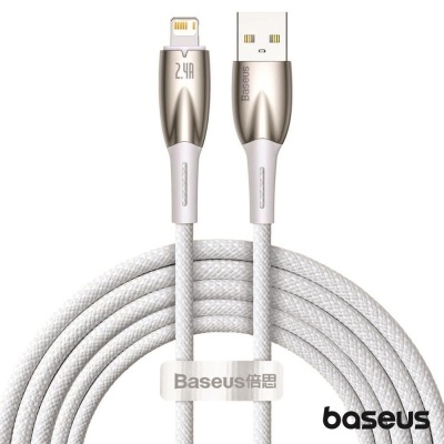 Cabo USB tipo A para Lightning Baseus branco com cabo trançado e conectores metálicos prateados