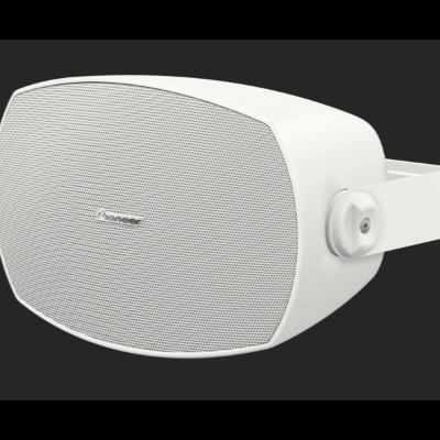 Coluna de som branca da Pioneer com grade metálica e suporte ajustável