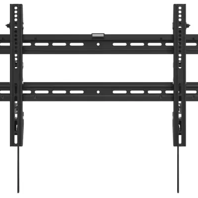 Suporte de parede preto para televisão em metal com aberturas e alças.