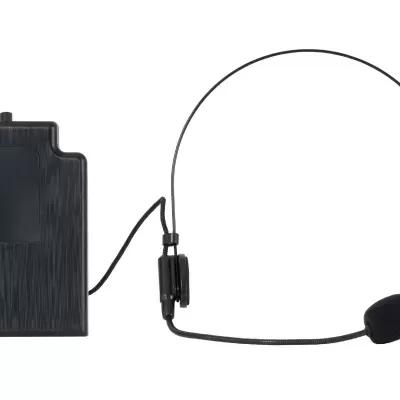 Microfone com auricular preto e caixa retangular com interruptores