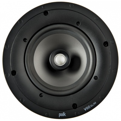 Coluna de som preta circular com texto 'polk' e 'V60 SLIM'
