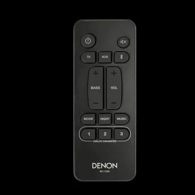 Comando remoto Denon preto com vários botões