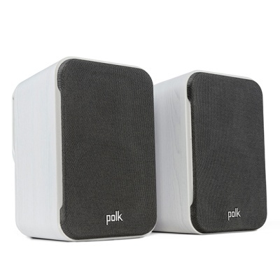 Colunas de som Polk brancas com grelha preta e logo polk