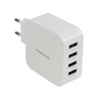 Carregador de parede branco com 4 portas USB, marca FONESTAR