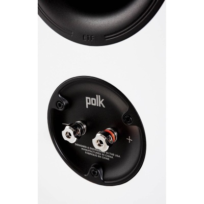 Conectores traseiros de coluna Polk com terminal positivo e texto em fundo branco.