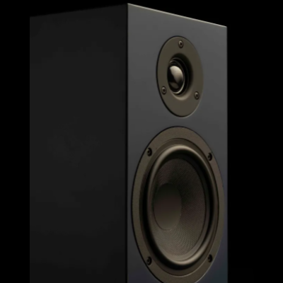 Coluna de som preta com dois altifalantes e fundo escuro