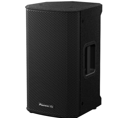 Coluna de som Pioneer DJ preta com grelha metálica frontal