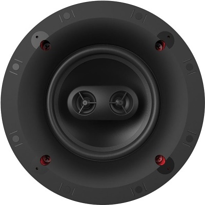 Coluna de som redonda preta com dois altifalantes e parafusos vermelhos