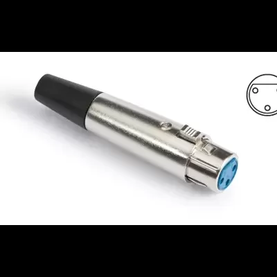 Conector XLR metálico prateado com ponta de borracha preta e parte feminina azul com três orifícios.