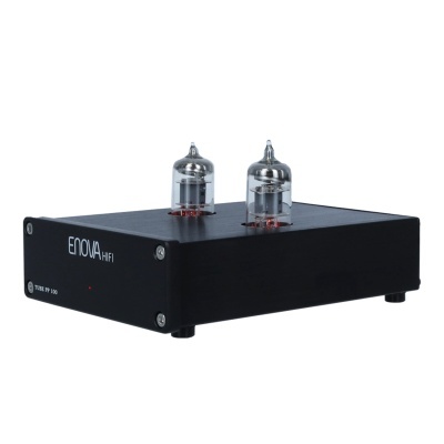 Amplificador Enova HiFi preto com válvulas de vidro no topo