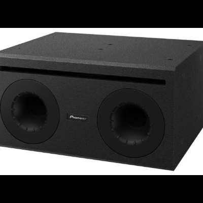 Coluna subwoofer Pioneer preta com dois altifalantes frontais e ranhura horizontal