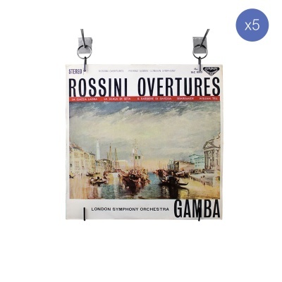 Capa de disco vinil Rossini Overtures com pintura de porto e texto em maiúsculas.