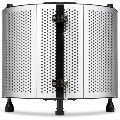 Refletor acústico metálico cinza com furos e suporte em pés pretos